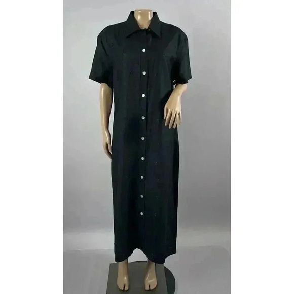 VTG JA Studio Dress Large Black Shift Midi Maxi Popover Button Collared Ramie - Picture 1 of 9